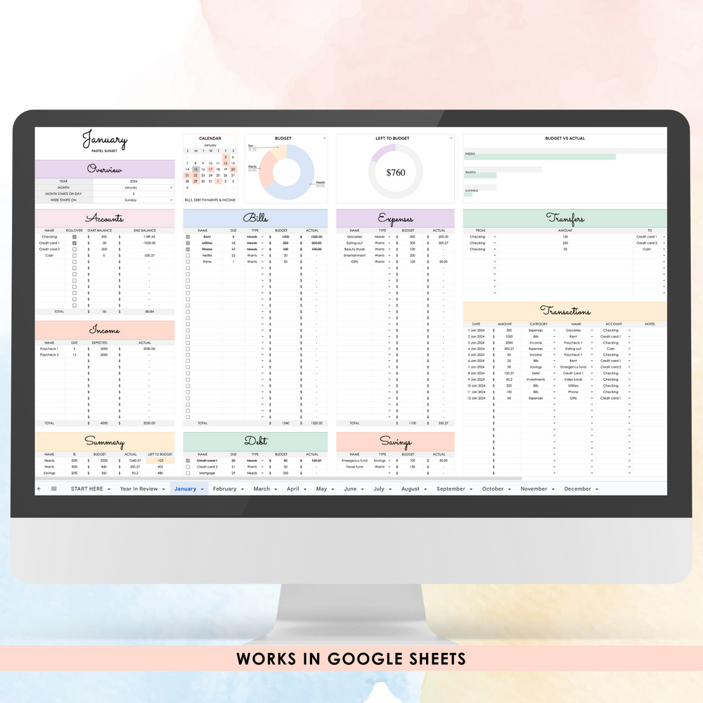 50/30/20 Monthly Budget Spreadsheet (Google Sheets)