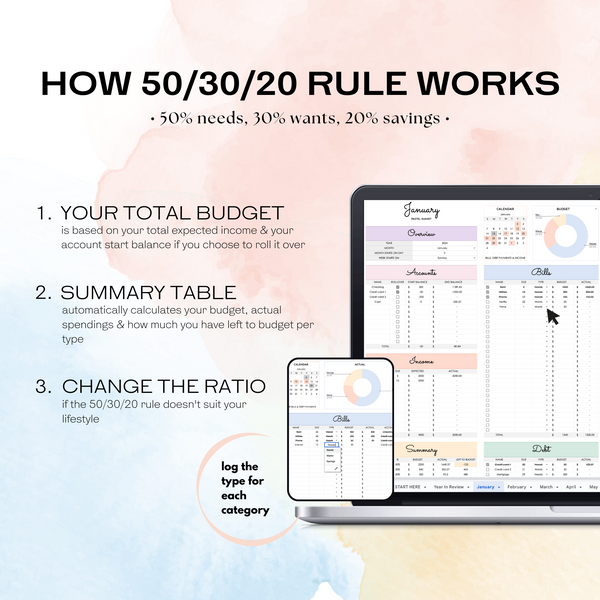 50/30/20 Monthly Budget Spreadsheet (Google Sheets)
